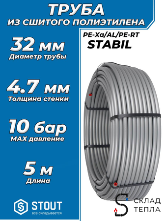 Труба из сшитого полиэтилена STOUT Stabil - 32x4,7 (PE-Xa/Al/PE-RT, серая, 5м). Вид 1.