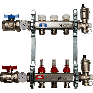 Коллекторная группа в сборе STOUT - 1' на 3 контура 3/4' (нерж.сталь, с расходомерами)