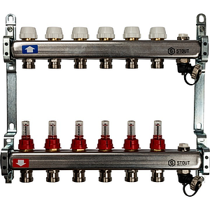 Коллекторная группа STOUT - 1' на 6 контуров 3/4' (расходомеры, клапананы, сливные краны)