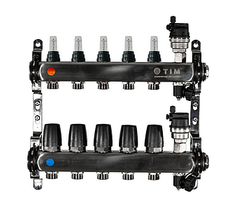 Коллекторная группа TIM - 1' на 5 контуров 3/4' (нерж. сталь с расходомерами и сливными кранами)