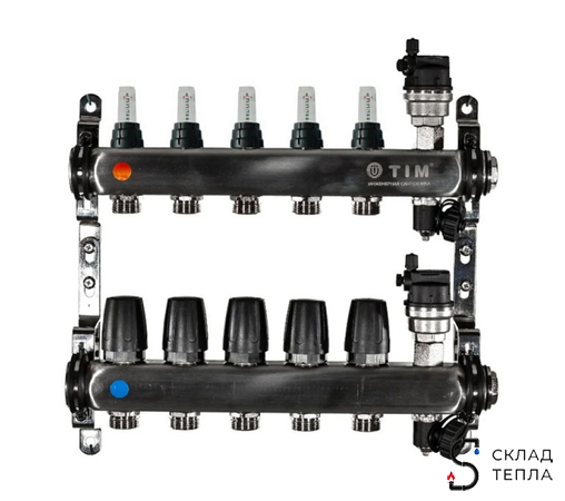 Коллекторная группа TIM - 1" на 5 контуров 3/4" (нерж. сталь с расходомерами и сливными кранами). Вид 1.