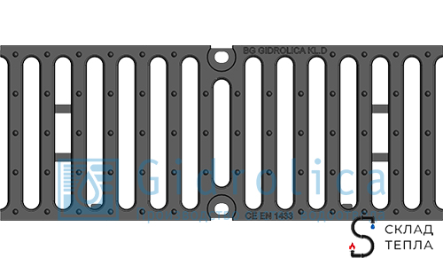 Решетка щелевая чугунная для лотка DN150 Gidrolica 500х186 мм. Вид 2.