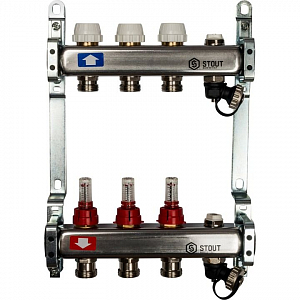 Коллекторная группа STOUT - 1' на 3 контура 3/4' (расходомеры, клапананы, сливные краны)