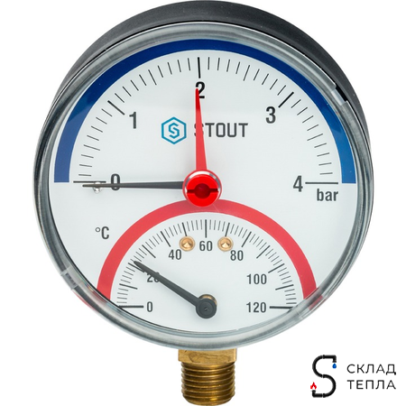 Термоманометр радиальный STOUT - 1/2" (D80 мм, шкала 0-120°C/0-4 бар, с запорным клапаном). Вид 2.
