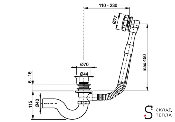 Обвязка для ванны TIM полуавтомат, латунная. Вид 2.