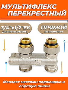 Узел нижнего подключения прямой перекрестный Zeissler 3/4' х 1/2' с запорными вентилями
