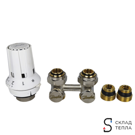 Комплект для нижнего подключения радиатора Heaton-Danfoss (УЗЕЛ+ТЕРМОГОЛОВКА). Вид 1.