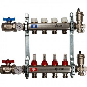 Коллекторная группа в сборе STOUT - 1' на 4 контура 3/4' (нерж.сталь, с расходомерами)