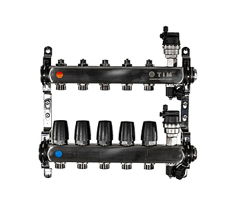 Коллекторная группа TIM 1' на 5 контуров 3/4' (нерж. сталь, с вентилями)