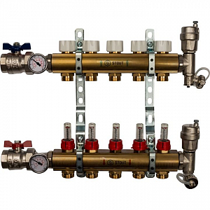 Коллекторная группа в сборе STOUT - 1' на 5 контуров 3/4' (латунь, с расходомерами)