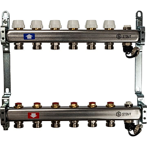 Коллекторная группа STOUT - 1' на 6 контуров 3/4' (клапананы, сливные краны, нерж. сталь)