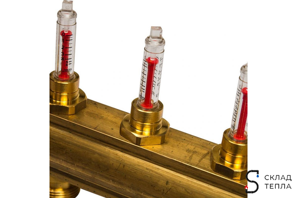 Коллекторная группа WATTS HKV/T - 1"ВР на 9 контуров 3/4"EK (с вентилями и расходомерами, латунь). Вид 6.