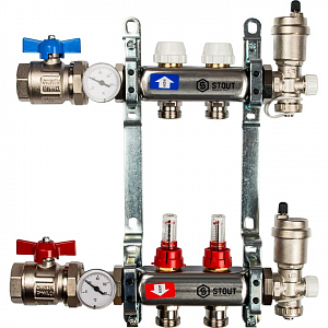 Коллекторная группа в сборе STOUT - 1' на 2 контура 3/4' (нерж.сталь, с расходомерами)