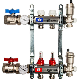 Коллекторная группа в сборе STOUT - 1' на 2 контура 3/4' (нерж.сталь, с расходомерами)