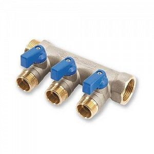 Коллектор запорный STOUT - 3/4' (НР/ВР) на 3 контура 1/2' (НР, ручки синие) 