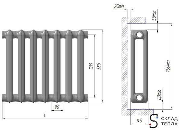 Радиатор чугунный  МС 500-140М секций 3. Вид 2.