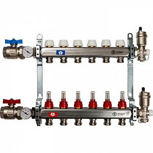 Коллекторная группа в сборе STOUT - 1' на 6 контуров 3/4' (нерж.сталь, с расходомерами)