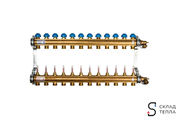 Коллекторная группа WATTS HKV/T - 1"ВР на 12 контуров 3/4"EK (с вентилями и расходомерами, латунь). Вид 1.