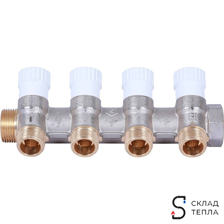 Коллектор регулирующий STOUT- 3/4" (НР/ВР) на 4 контура 1/2"(плоское уплотнение). Вид 3.