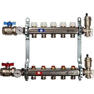 Коллекторная группа в сборе STOUT - 1' на 5 контуров 3/4' (нерж.сталь, с вентилями)