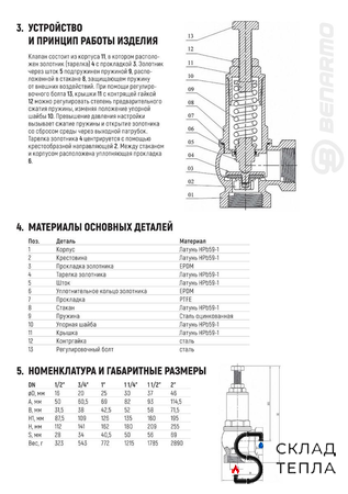 Клапан предохранительный Benarmo - 3/4" (ВР/ВР, регулировка Рн 1-16 бар). Вид 7.