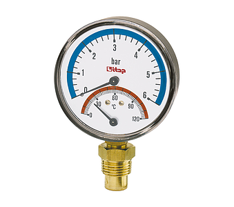 Термоманометр радиальный ITAP 484 - 1/2' (D-80 мм, шкала 0-6 бар / 0-120 °C)