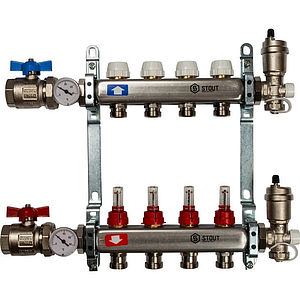 Коллекторная группа в сборе STOUT - 1' на 4 контура 3/4' (нерж.сталь, с расходомерами)