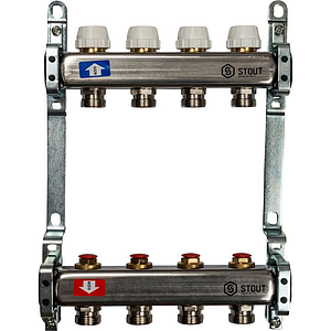 Коллекторная группа STOUT - 1' на 4 контура 3/4' (нерж.сталь, с вентилями)