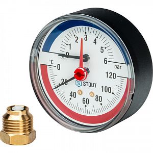 Термоманометр аксиальный STOUT - 1/2" (D80 мм, шкала 0-120°C/0-6 бар, с запорным клапаном) Термоманометр аксиальный STOUT - 1/2' (D80 мм, шкала 0-120°C/0-6 бар, с запорным клапаном)