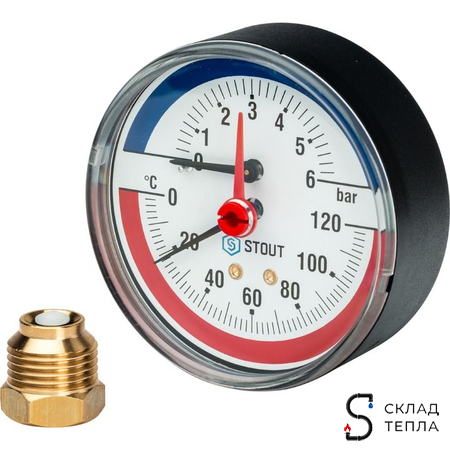 Термоманометр аксиальный STOUT - 1/2" (D80 мм, шкала 0-120°C/0-6 бар, с запорным клапаном). Вид 1.