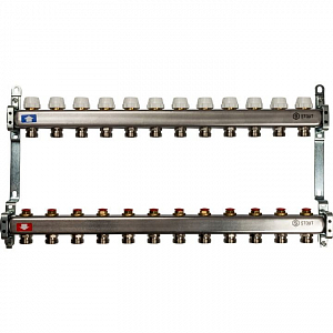 Коллекторная группа STOUT - 1' на 12 контуров 3/4' (нерж.сталь, с вентилями)