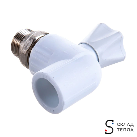 Кран шаровой для радиатора угловой VALFEX - 25 x 1/2" (Пайка/НР, для полипропиленовых труб, белый). Вид 8.