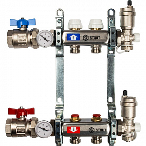 Коллекторная группа в сборе STOUT - 1' на 2 контура 3/4' (нерж.сталь, с вентилями)