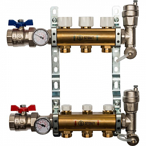 Коллекторная группа в сборе STOUT - 1' на 3 контура 3/4' (латунь, с вентилями)