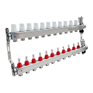 Коллекторная группа VALFEX - 1' на 11 контуров 3/4' (нерж. сталь с расходомерами и сливными кранами)