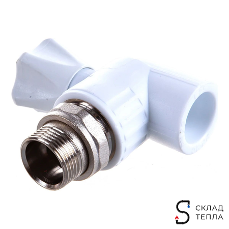 Кран шаровой для радиатора угловой VALFEX - 25 x 1/2" (Пайка/НР, для полипропиленовых труб, белый). Вид 5.