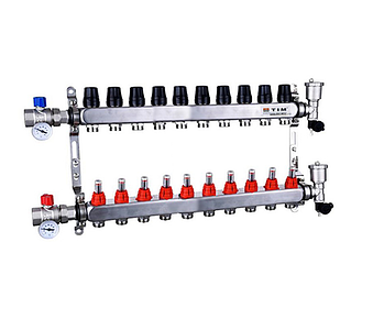 Коллекторная группа TIM - 1' на 10 контуров 3/4' (нерж. сталь с расходомерами, полный комплект)
