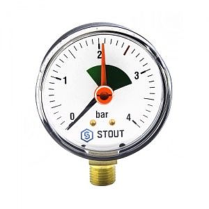 Манометр радиальный STOUT - 1/4' (D50 мм, шкала 0-4 бар, с указателем предела)