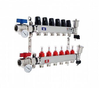 Коллекторная группа TIM - 1' на 7 контуров 3/4' (нерж. сталь с расходомерами, полный комплект)