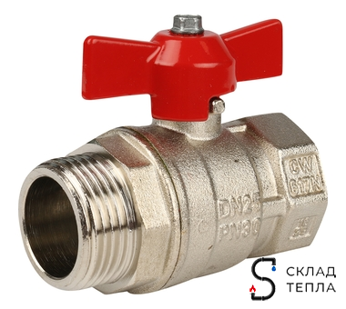 Кран шаровой полнопроходной ITAP IDEAL 093 - 1/2" (НР/ВР, PN50, Tmax 150°С, ручка-бабочка красная). Вид 1.