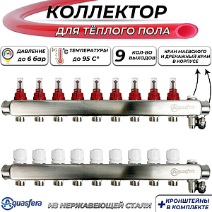 Коллекторная группа Aquasfera-1' на 9 контуров 3/4' (нерж. сталь с расходомерами и сливными кранами)