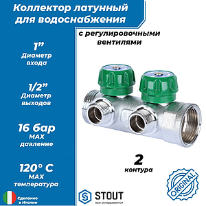 Коллектор STOUT- 1'(НР/ВР) на 2 контура 1/2'(плоское уплотнение)