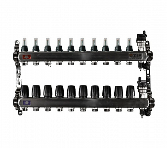Коллекторная группа TIM - 1' на 10 контуров 3/4' (нерж. сталь с расходомерами и сливными кранами)
