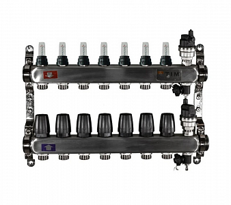 Коллекторная группа TIM - 1' на 7 контуров 3/4' (нерж. сталь с расходомерами и сливными кранами)