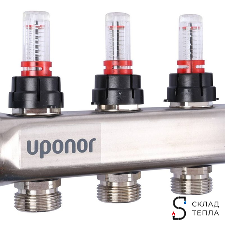 Коллекторная группа Uponor Vario S - 1" на 4 контура 3/4" (расходомеры, клапаны, сливные краны). Вид 7.