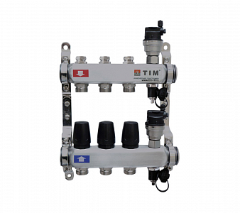 Коллекторная группа TIM 1' на 3 контура 3/4' (нерж. сталь, с вентилями)