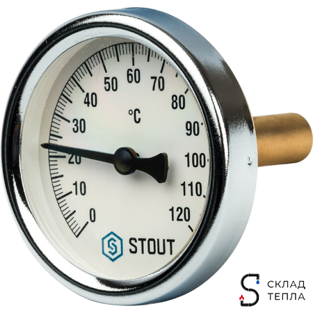 Термометр аксиальный STOUT - 1/2" с самоуплот.(D63мм, шкала 0-160°C, с гильзой 50мм). Вид 1.