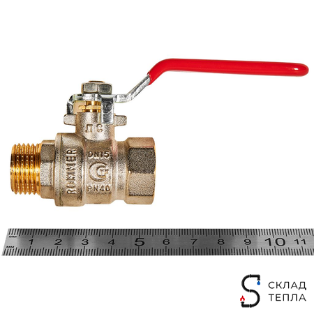 Кран шаровой полнопроходной Rommer - 1/2" (вн./нр.,PN40, ручка рычаг красная). Вид 2.
