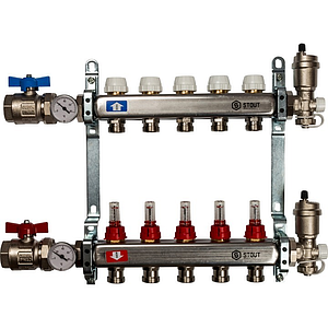 Коллекторная группа в сборе STOUT - 1' на 5 контуров 3/4' (нерж.сталь, с расходомерами)