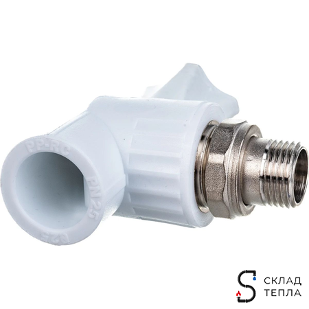 Кран шаровой для радиатора угловой VALFEX - 25 x 1/2" (Пайка/НР, для полипропиленовых труб, белый). Вид 9.